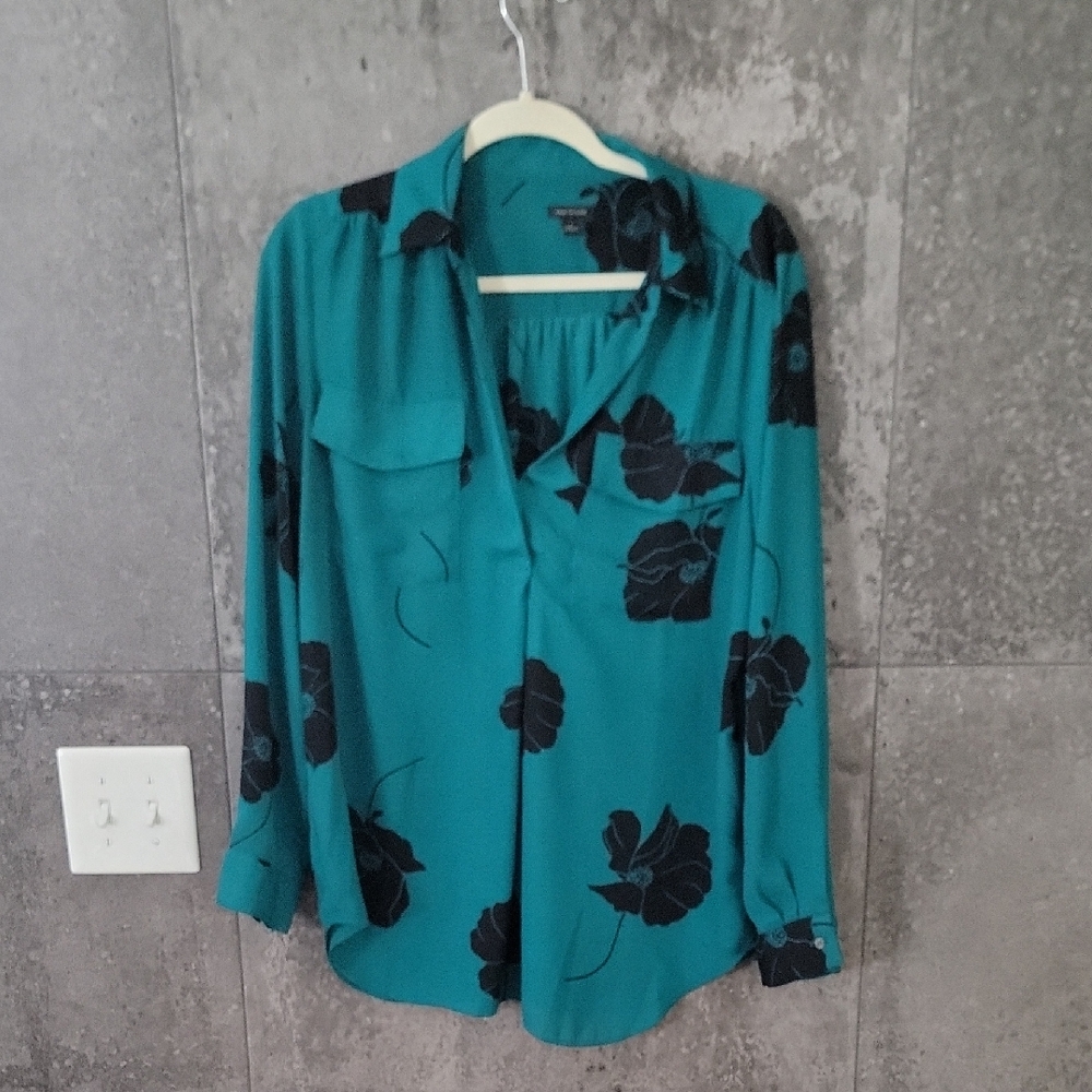 Ann Taylor Teal Blouse with Black Floral Design